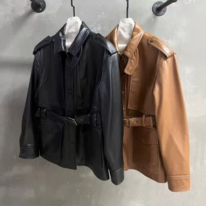 Jxwatcher Fashion Fall Stand Collar Genuine Sheepskin Jacket Belt Custom Soft Autumn Women's Zipper Leather Motobike Jackets