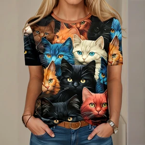 Plus Size Women's T - Shirt with 3D Cat Print, Short - Sleeved, Fashionable Round Neck, Summer T - Shirt
