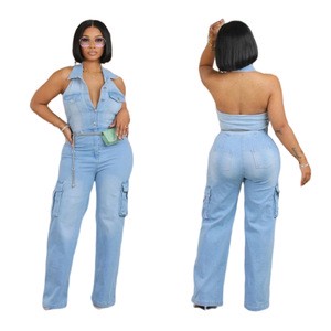 Blue Denim Fashion Straight Pants One Piece Denim Jumpsuit Women Washed Halter Pocket Playsuits Female Cowboy Overalls