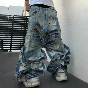 DiZNEW Apparel Mans Baggy Jeans Custom Design Streetwear Luxury Brand Stacked Plus Size Old Jeans Men