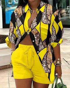 Women's Casual Printed 2 Piece Outfit, 2026 New Arrival Long Sleeve Button Down Shirt & Shorts Set, Vacation Suit