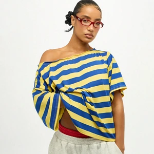 2026 Women's Short Sleeve Off-Shoulder T-Shirt Ruched Waist Knit Casual Loose Breathable Eco-Friendly Summer Women Striped Tee