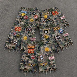 DiZNEW Custom Men's Camo Cargo Shorts Multi Pockets Patchwork Hip Hop Streetwear Distressed Short Pants