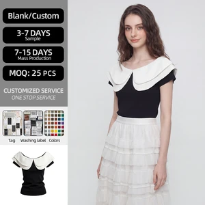 Black & White Off-Shoulder Top Double Layer Peter Pan Collar Women's Slim Fit Short Sleeve Solid Casual Summer Pullover Knitted