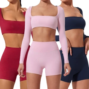 LUMIARA ARTISAN | Custom Logo Women's Long Sleeve Crop Top Shorts Yoga Set | Seamless Prism Spandex Activewear | ODM Wholesale