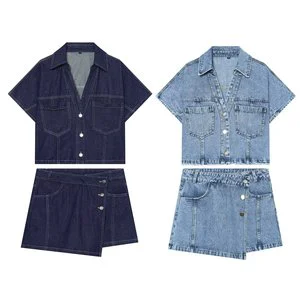 Set Women's 2-piece 2026 new fashion and leisure Joker lapel denim short-sleeved shirt+women's denim shorts women's suit