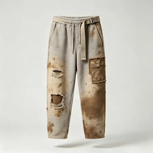 Heavyweight Men Jogger Pants Dirty Spray Mud Dye Splash Raw Edge Distressed Cargo Streetwear Casual Bottoms