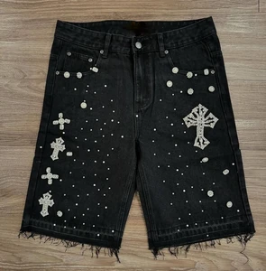 Custom High Street Men's Denim Shorts Breathable Crystal Pickling Head Rhinestone Decorative Mid Waist Straight Jeans