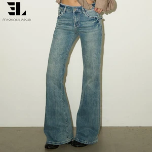 LARSUR Custom Denim Factory Distressed Vintage Wash Baggy Flare Denim Jeans Pants Cowboy Western Slim Fit Bootcut Jeans Women