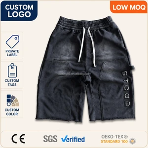 Custom Wholesale Acid Wash 3/4 Shorts Mens Carpenter Double Knee Baggy Sweat Shorts Rhinestone Streetwear Below Knee Shorts