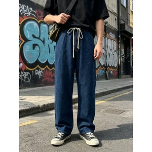Summer Plus Size Men's Jeans Wholesale Elastic Waist Drawstring Jean Relaxed Fit Straight Leg Trousers Cotton Blend Casual Pants