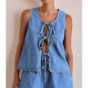 Women's Summer Casual Vintage Sleeveless Lace-Up Jeans Sets Washed Denim Shorts and Vest Ladies' Two-Piece Suit