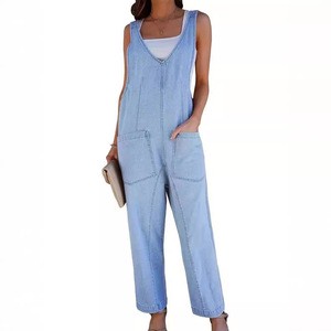 Summer European American Overalls High Waist Knee Adjustable Pocket Strap Loose Casual Denim Jumpsuit for Women
