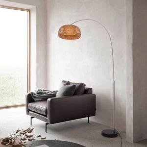 Modern Floor Lamp Large Bamboo Mixed Rattan Shade Standing Lamp with Bulb Bamboo Adjustable Height Floor Lighting for Home Hotel