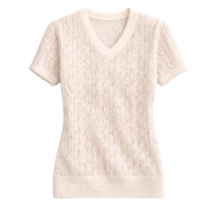 Women’s Cable Knit V Neck Short Sleeve Top Lightweight Breathable Summer Sweater Polo Style Casual Elegant Blouse for Women New