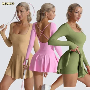New Tennis Dress Jumpsuits Sports Fitness Golf Badminton Long Sleeves Dress Anti-light Casual Running Fitness Tracksuits 3016