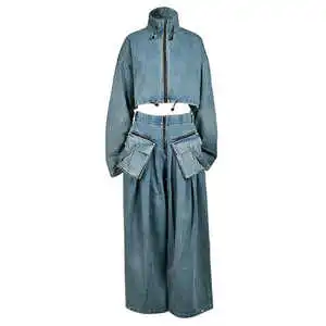 Women's Casual Outfits Plus Size Denim Two-Piece Suit with Stand Collar Jacket and Wide Leg Pants for Autumn for Boutiq Styles