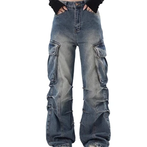 Cheap Rate Men's Straight Hip Hop High Street 6 Pockets Cargo Denim Jeans Plus Size Washed Custom Logos OEM Service