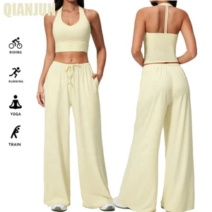 Custom Logo Women 2 Piece Gym Yoga Set Hollow Out Crop Top Drawstring Elastic Waist Wide Leg Pants Workout Yoga Sets
