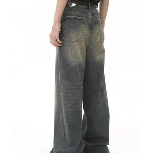 Men Vintage Denim Jeans Basics Jeans Trouser Straight Loose Sandblast Whiskers Design Indigo Blue Long Jeans Pants