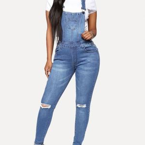 Fashion Denim Overalls Women Casual Daily Jumpsuit Solid Holes Straps Tight Calf Jeans Women's Long Pants