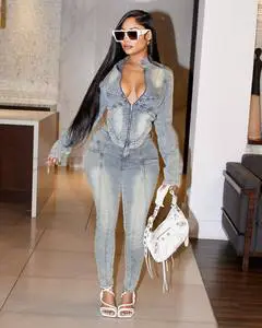 2024 Women Long Sleeve Zipper Jacket Denim Set Women Two Piece Elastic Jean Pants Set Cowboy Suit