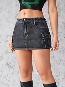 Women's Fashion Denim Skirt Summer Vintage Stretch Slim-Fit Bodycon Workwear Pocket Short Skirt Street Style
