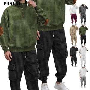 PASUXI New Casual Tracksuit 2 Piece Set Knitted Checkered Pattern Buttoned Sweatshirt Long Sleeve Long Pants Sports Set