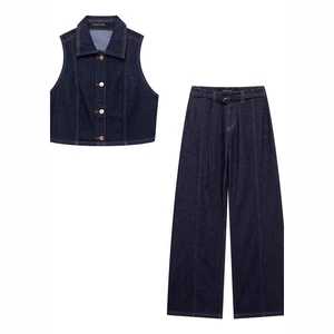 Women's High Waist Open Jeans Set Lapel Short Denim Vest Casual Daily Wear Top Button Autumn Canvas Fabric Two-Piece Suit