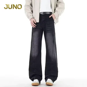 Men's Washed Wide Leg Jeans Vertical Seam Design Regular Straight Denim Pants Vintage Faded Streetwear Casual Baggy Trousers