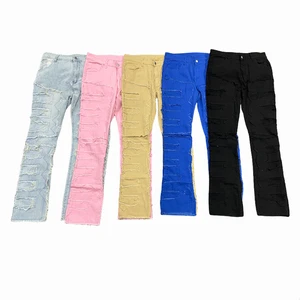Men's Regular Fit Stacked Jeans Ripped Slim Fit Patch Distressed Destroyed Straight Denim Pants Hip Hop Streetwear Trouser