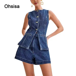 Ohsisa 2025 Summer Fashion Women's Denim Sets Casual Sleeveless Top & High Waist Shorts Inspired High-Style Suit