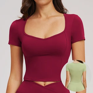Factory Wholesale Women's Yoga Top with Wide Neckline for Outdoor Running and Fitness Women's Short Sleeves Shirts