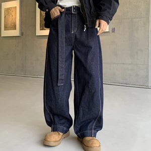 American Vintage Belted Wide-Leg Jeans Design Loose Straight Fit Streetwear Trendy Brand Bottoms Distressed Vibe Autumn 100%
