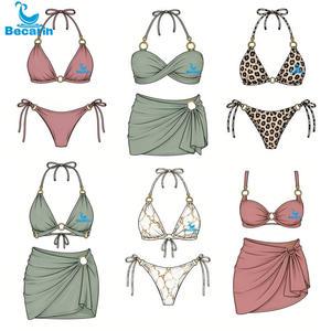 Custom Female Swimwear Beachwear Three Pieces Luxury Bikini Cover Up Smock Shiny Sarong Pareo Bikini Set