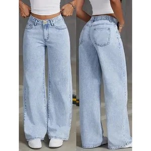 Women's High Waist Ripped Solid Eco-Friendly Waterproof Denim Jeans Casual Loose Fit Large Size Straight Wide Leg Full Length