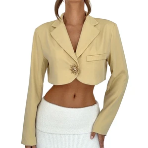 Women's Elegant Beige Notched Lapel Gold Sun Button Mini Cropped Suit Coat For Office Casual