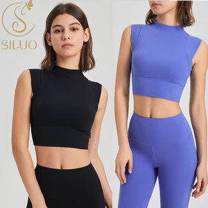 Siluo Womens High Elastic Shockproof Running Sports Vest Underwear High Neck Fixed Cup Yoga Wear Bra Quick Dry Fitness Yoga Tops
