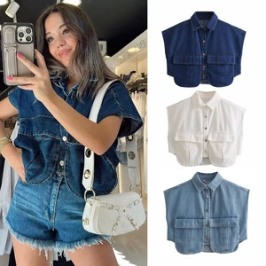 Women's Solid Color Large Pocket Sleeveless Single-breasted Stand-up Collar Shirt Denim Top Vest