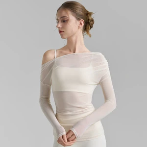 Off-shoulder Breathable for Mesh Yoga Blouse 2026 Autumn Winter New Pure Desire Style High-end Clothes Pleated Sports Top