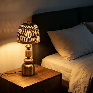 Wholesale Cordless Touch LED Table Lamp Two-Tone Woven Bamboo Dome Lampshade Retro Metal Wood Rechargeable Lamp For Hotel Cafe