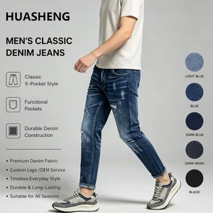 Blue Distressed Slim Fit Jeans Men Ripped Vintage Washed Denim Pants Classic 5 Pocket Design Urban Streetwear Bottoms