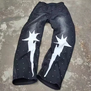 Custom Logo Streetwear Sun Faded Distressed Pant Rhinestone Applique Embroidery Heavyweight Cotton Flare Stacked Sweatpants