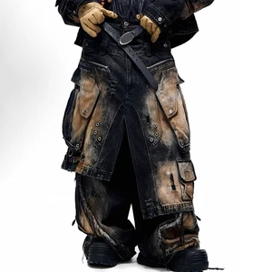 MZN Plus Size Mens Jeans Custom Streetwear Double Waisted Heavy Mud Wash Cargo Jeans for Man