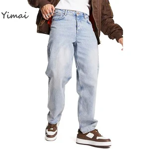 YIMAI Washed Cotton Jeans Custom Men's Clothing Wide Leg Denim Pants Light Blue Washed Loose Straight Men's Baggy Jeans
