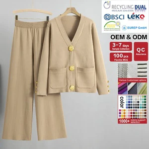 Autumn and Winter Women's Casual Two-Piece V-Neck Cardigan Trousers Suit Knitted Weaving With Button Decoration