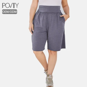 POVTY Custom Spring Summer Women's Plus Size Solid Color Straight Leg Shorts Casual Loose High Yoga Waist Shorts with Pockets