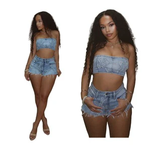 New Summer Women Two Piece Denim Set Embroidered Strapless Pantsuit Sleeveless Jeans Top Shorts Suit for Women