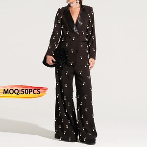 Low Moq Custom Clothing Elegant Suit Allover Pearl Eyelet Blazer Jacket + Wide Leg Pants Trouser Plus Size Women Two Piece Sets