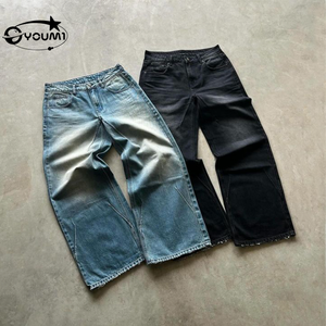 YOUMI Custom Men's Retro Wash Jeans Frayed Distress Straight Leg Cylinder Blue Black Denim Mid Vintage For Summer Streetwear